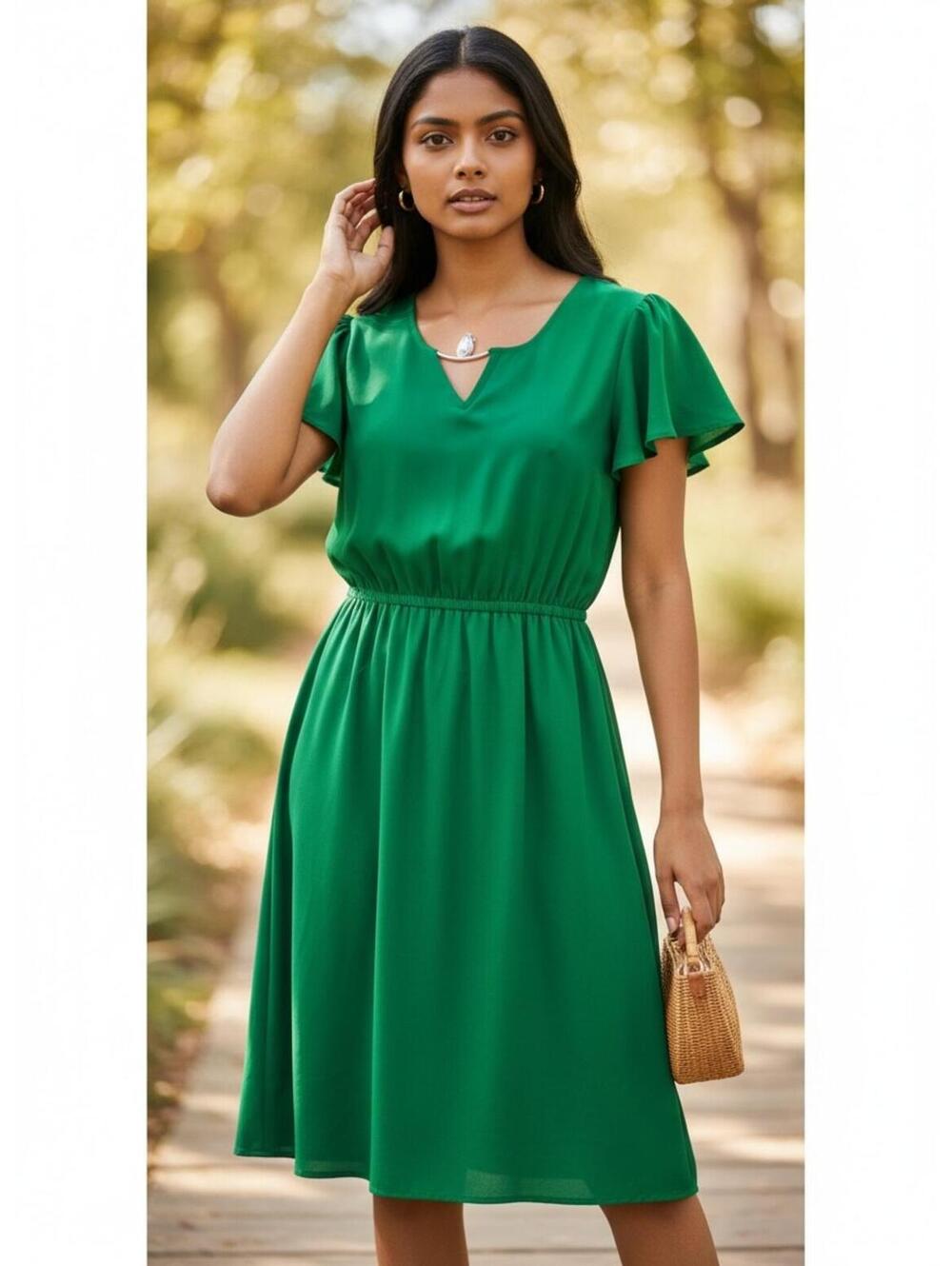 💎 Elegant Forest Green Dress 💎 Jewel Neck Detail | XS